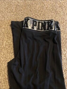 PINK Victoria's Secret Black Leggings with Silver Sequin Logo Waistband